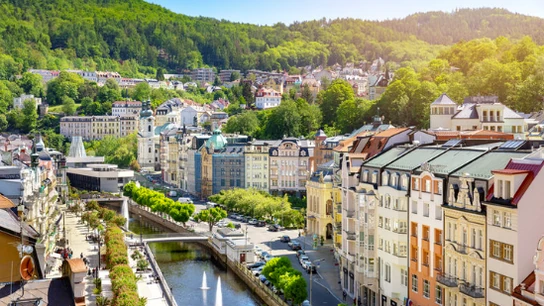 Karlovy Vary spa centre and the Teplá river